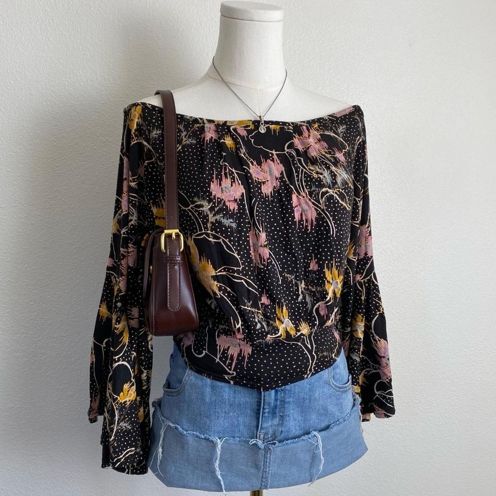 Free People Last Time Floral Bell Sleeve Blouse Black Off The Shoulder